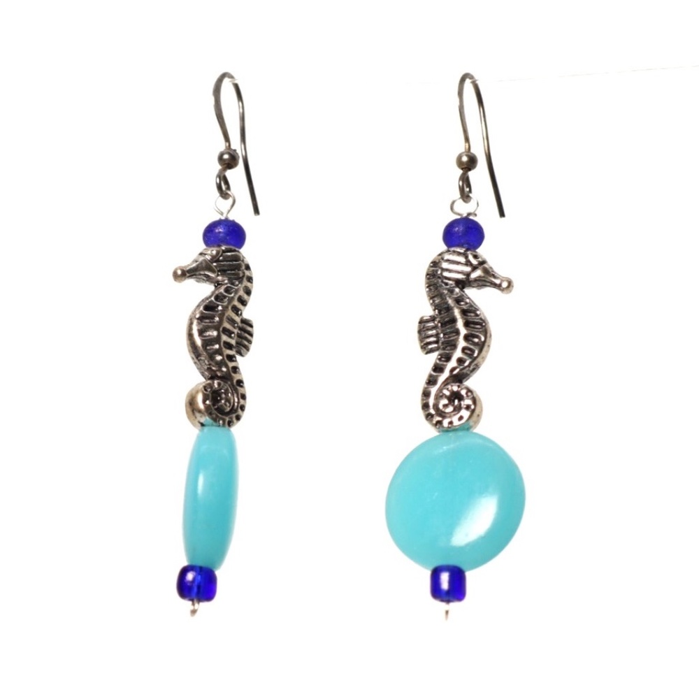 Seahorse on Ocean Blue Glass Circle Earrings